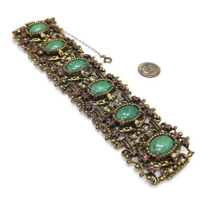 Victorian Style Faux Jade Wide Bracelet, Unsigned Joseff of Hollywood, 1940s Vintage Jewelry
