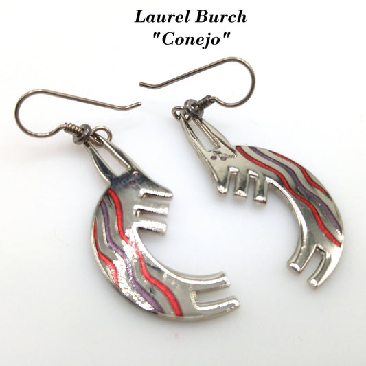 Laurel Burch "Conejo" Rabbit Dangle Earrings, Striped Red Purple Enamel, 1980s Vintage Jewelry