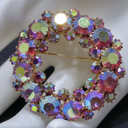 Kramer Pink Brooch Clip Earrings, Aurora Borealis, 1960s Vintage Jewelry