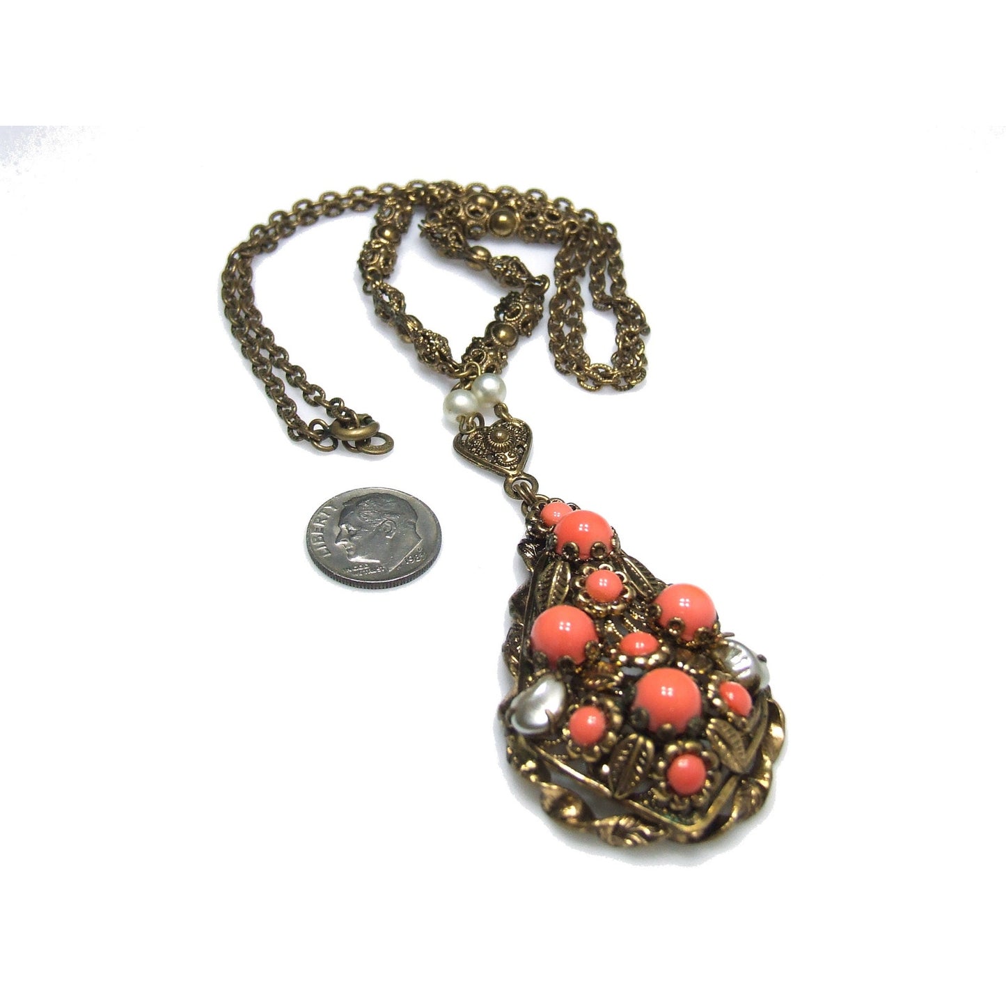 West Germany Orange Cabochon Glass Rhinestone Necklace, Faux Pearls, 1950s Vintage Jewelry