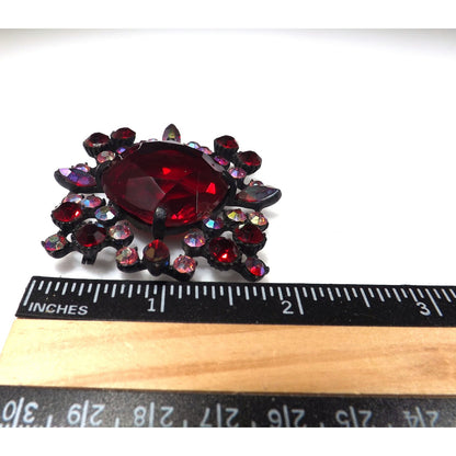 Red Large Rhinestone Aurora Borealis Brooch, Japanned Black Enamel, 1970s Vintage Jewelry