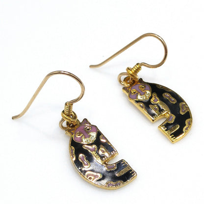 Laurel Burch Baby Snow Leopard Earrings, Cloisonne Black Enamel, Gold Plated, 1980s Vintage Jewelry
