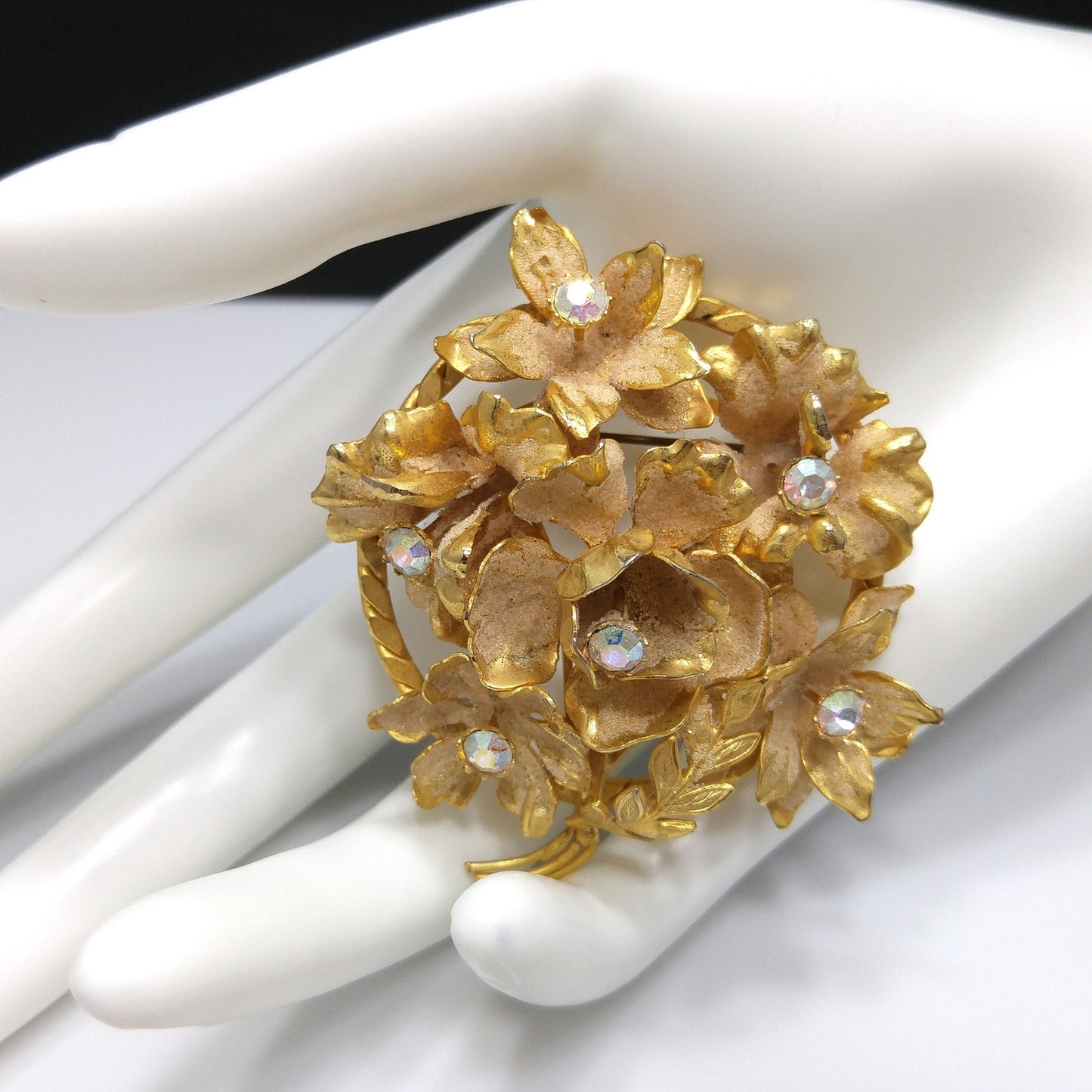 Austria Floral Brooch, Aurora Borealis Rhinestones, Gold Plated Flowers, 1960s Vintage Jewelry