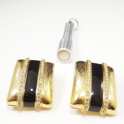 Vintage Swarovski Gold Black Enamel Clip Earrings, Crystal Rhinestones Swan Logo