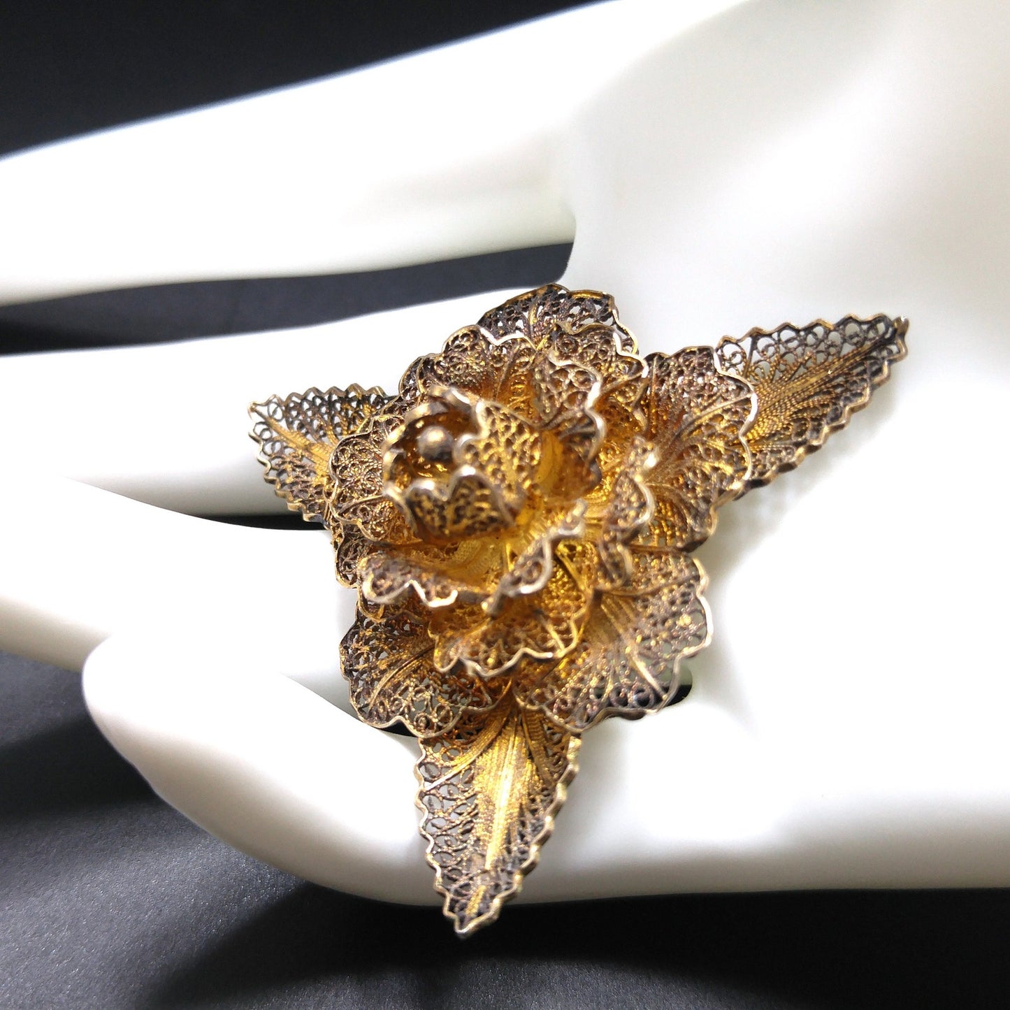 Topazio Portugal Flower Brooch, Silver Vermeil, 1930s Vintage Jewelry