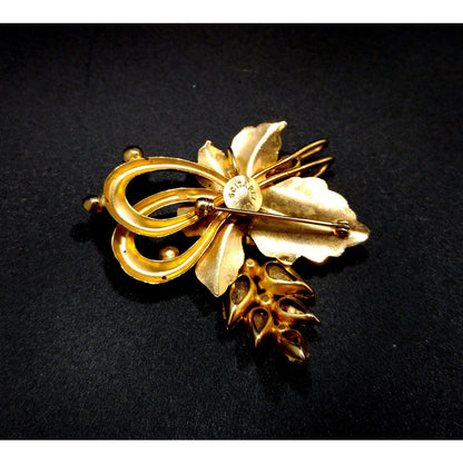 Vintage Scitarelli Red Rhinestone Floral Brooch Pendant 1950s Gold Plated Signed