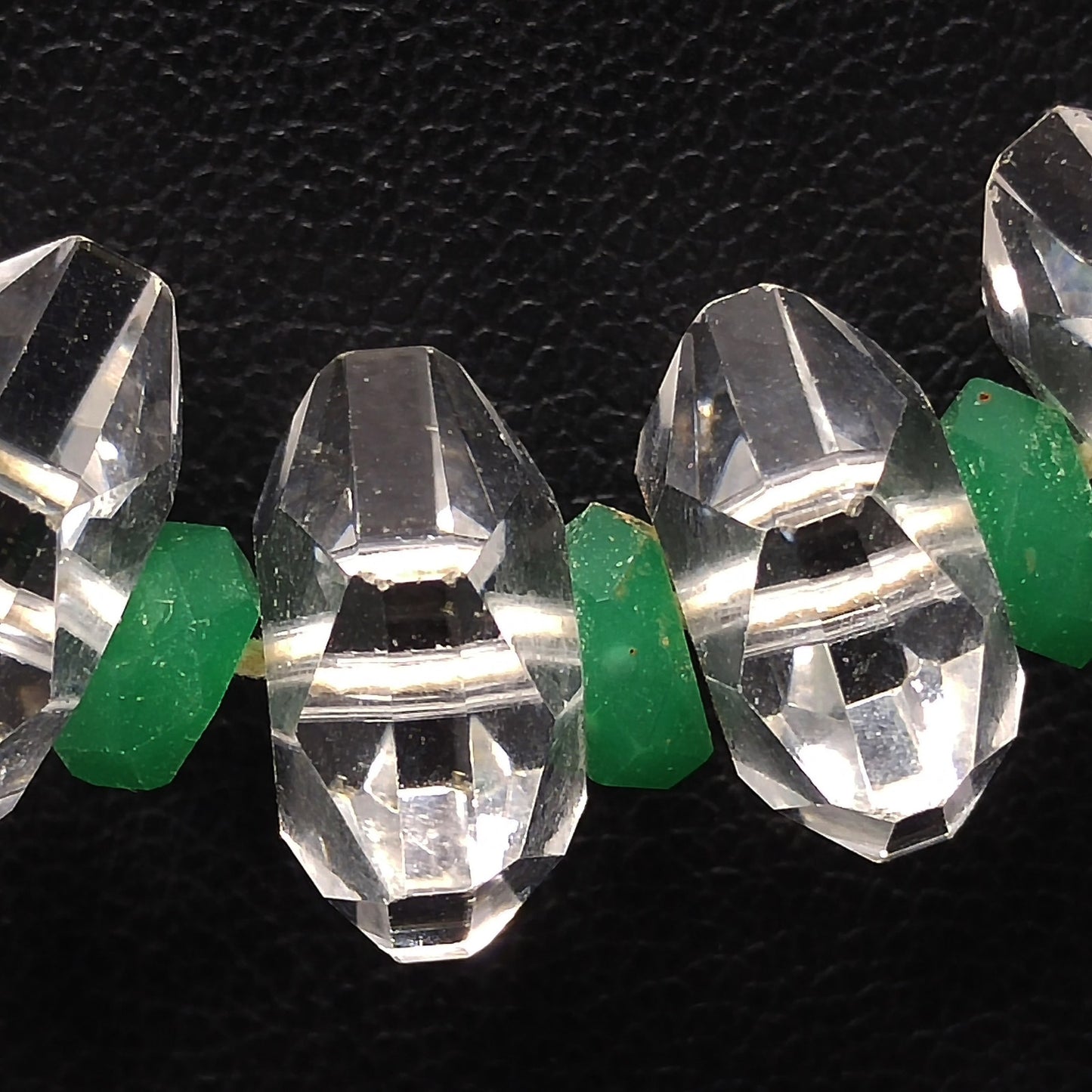 Art Deco 1920s Clear Quartz Green Glass Bead Necklace 14K Gold Filled Clasp