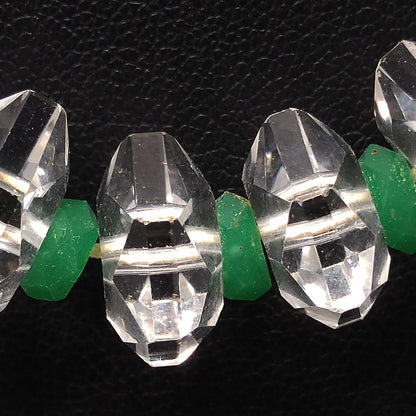 Art Deco 1920s Clear Quartz Green Glass Bead Necklace 14K Gold Filled Clasp