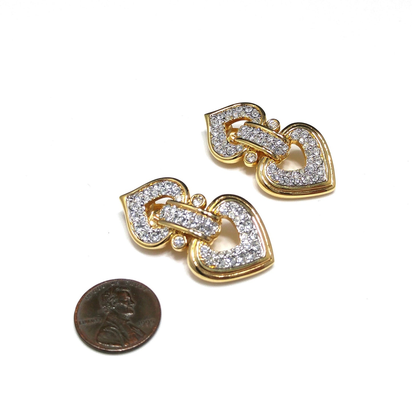 Swarovski Swan Logo Gold Plated Heart Drop Clip Earrings Clear Pave Crystals 90s