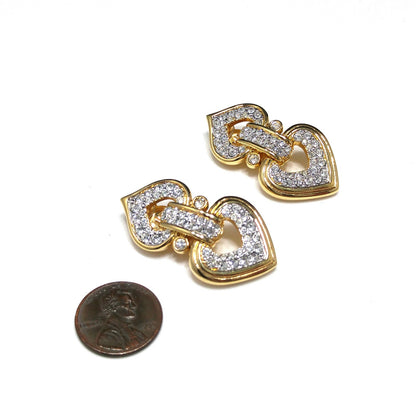 Swarovski Swan Logo Gold Plated Heart Drop Clip Earrings Clear Pave Crystals 90s