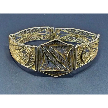 1920s Art Deco Cannetille Filigree Bracelet Gold Vermeil Silver 7 Inch