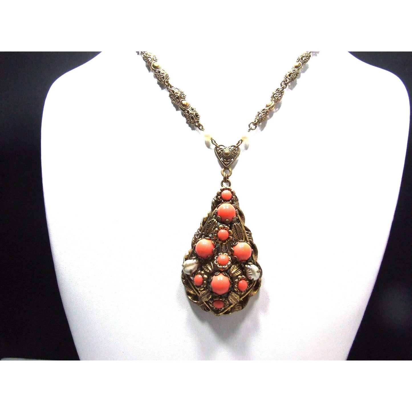 West Germany Orange Cabochon Glass Rhinestone Necklace, Faux Pearls, 1950s Vintage Jewelry