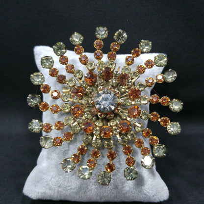 Vintage 1950s Rhinestone Flower Brooch Large Gray Topaz Floral Burst Pin