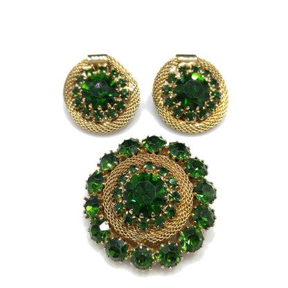 Vintage Weiss Green Rhinestone Brooch & Earrings, Gold Plated Mesh