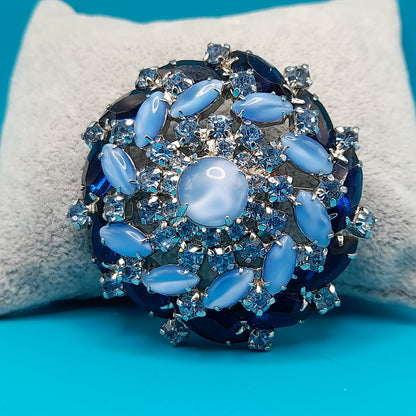 Vintage Blue Domed Rhinestone Brooch Light & Dark Blue Cabochon 1960s