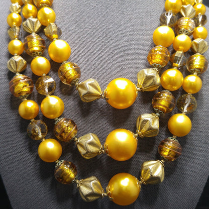 Vintage 1950s Gold Glass Bead Necklace, 3 Strand Mid-Century Statement Jewelry