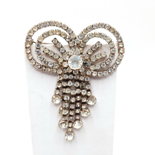 Vintage Clear Rhinestone Bow Brooch, Silver Tone Dangle Design, Midcentury Sparkle, 2 3/4 Inches