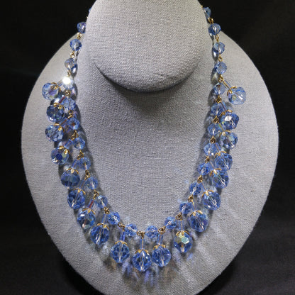 Blue Crystal Dangling Necklace, Light Blue Faceted Beads, 1960s Vintage Jewelry