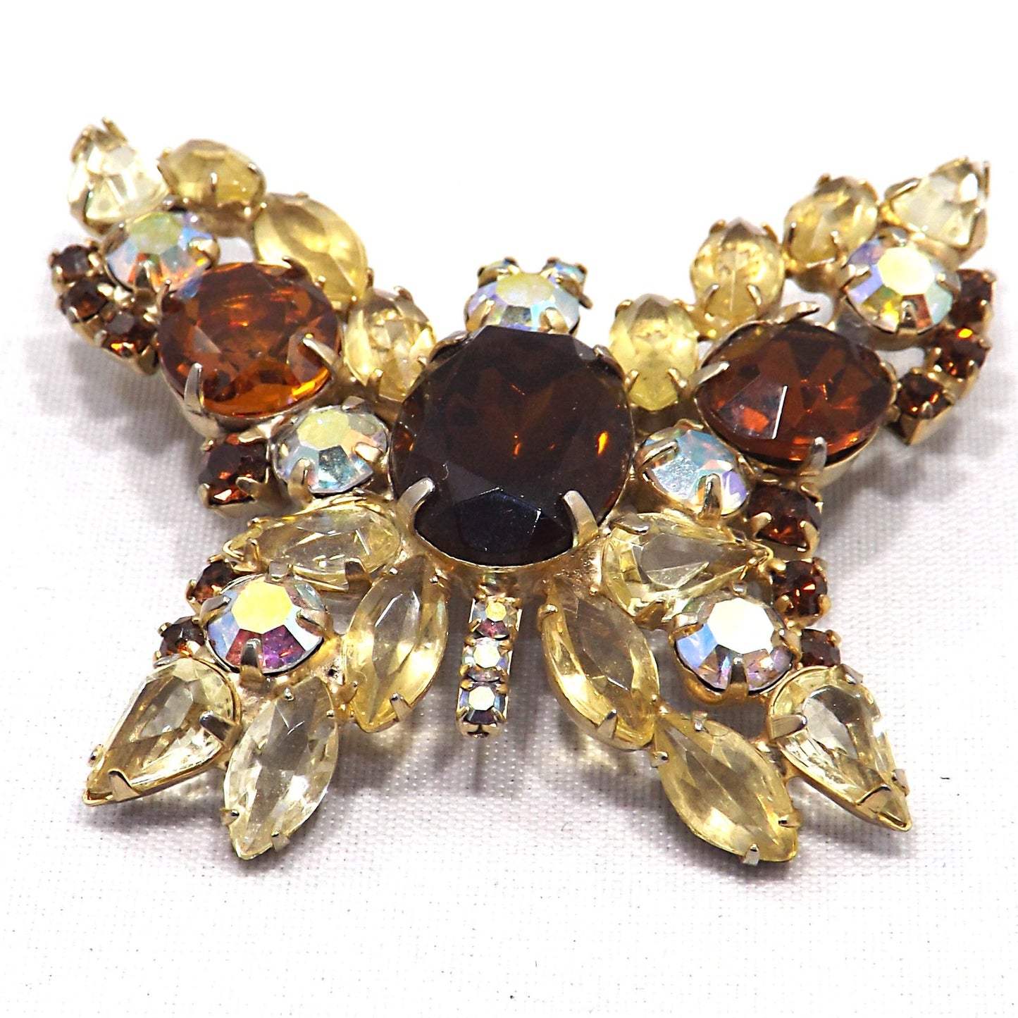 Vintage Butterfly Brooch D & E Juliana Style Rootbeer Rhinestones Yellow Open Back Aurora Borealis Rhinestones Gold Tone Vintage Jewelry