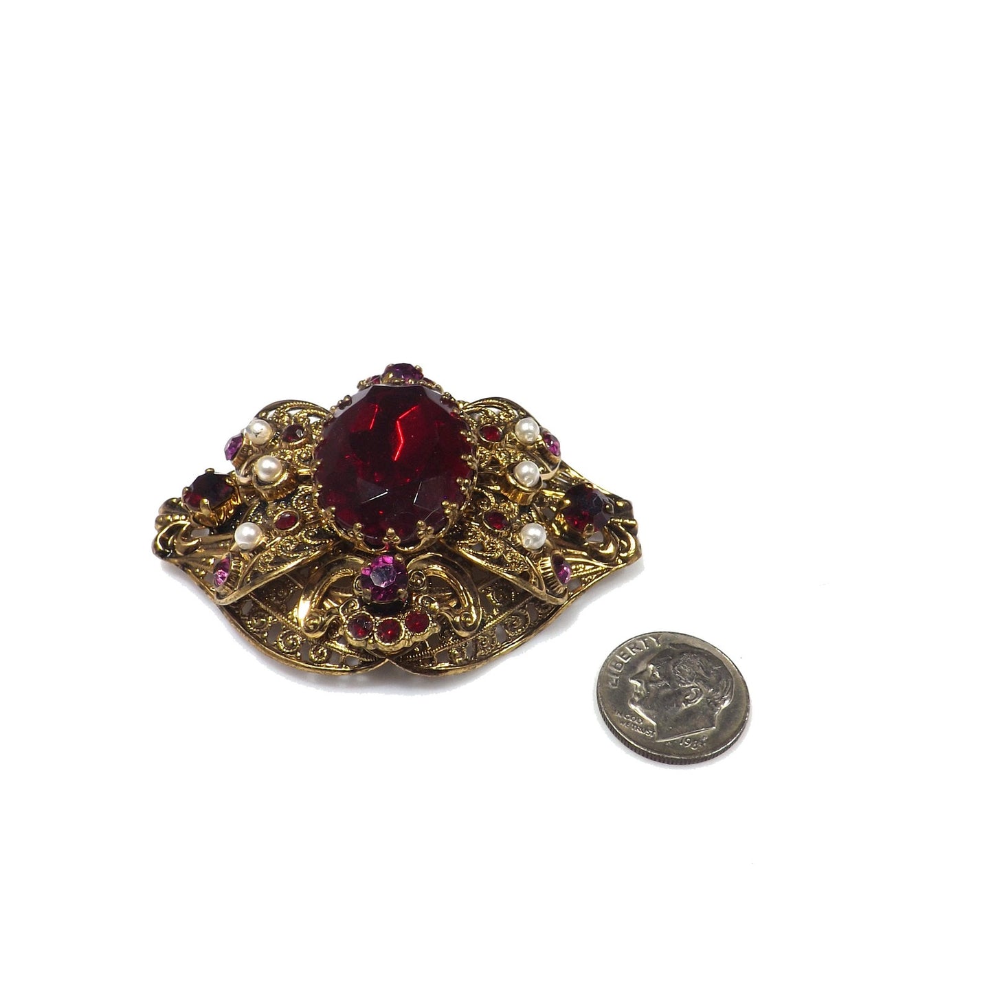 Made Germany Large Red Rhinestone Filigree Brooch, Faux Pearls, 1940s Vintage Jewelry