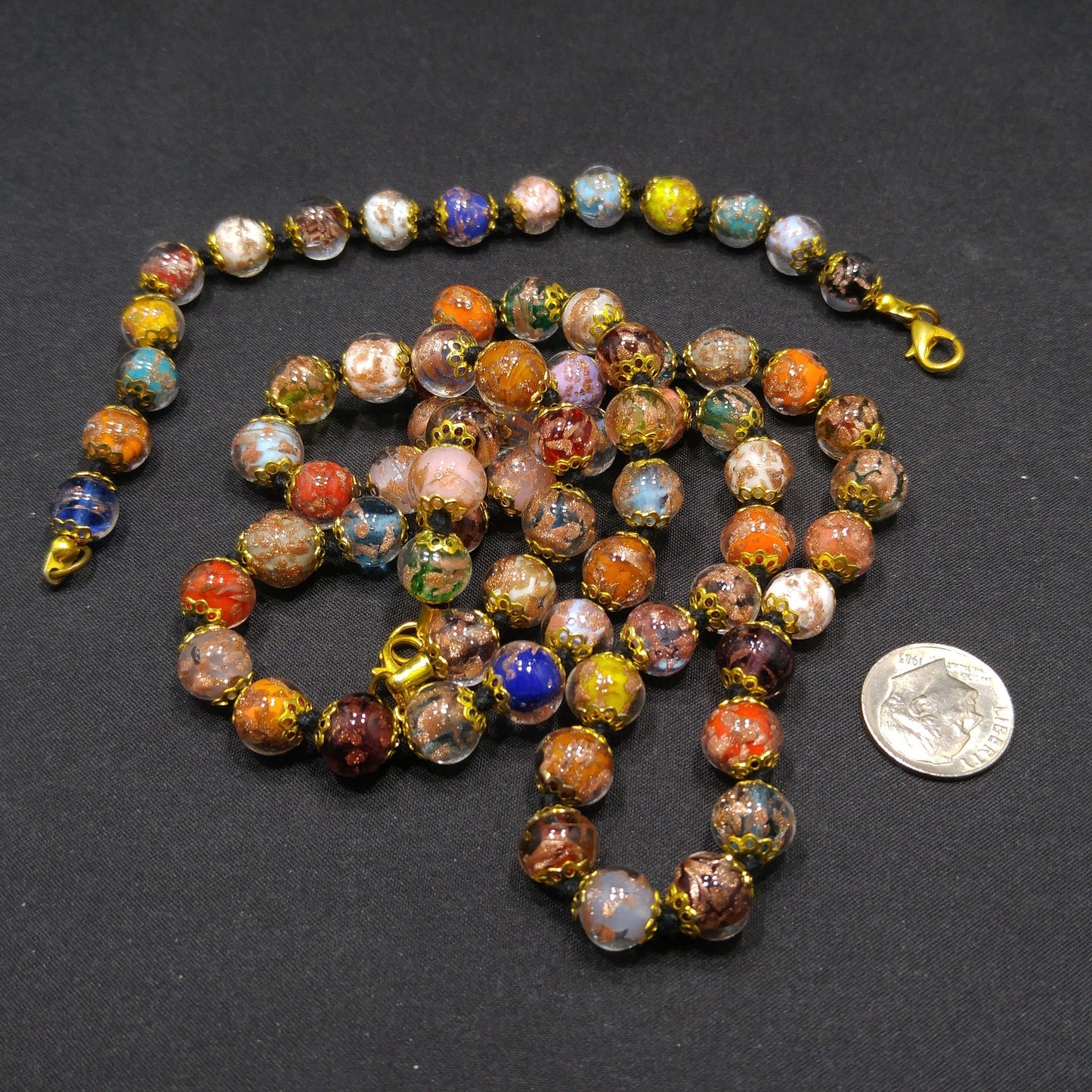 Venetian Goldstone Bohemian Necklace & Bracelet, Hand Knotted Black Thread, Vintage Jewelry