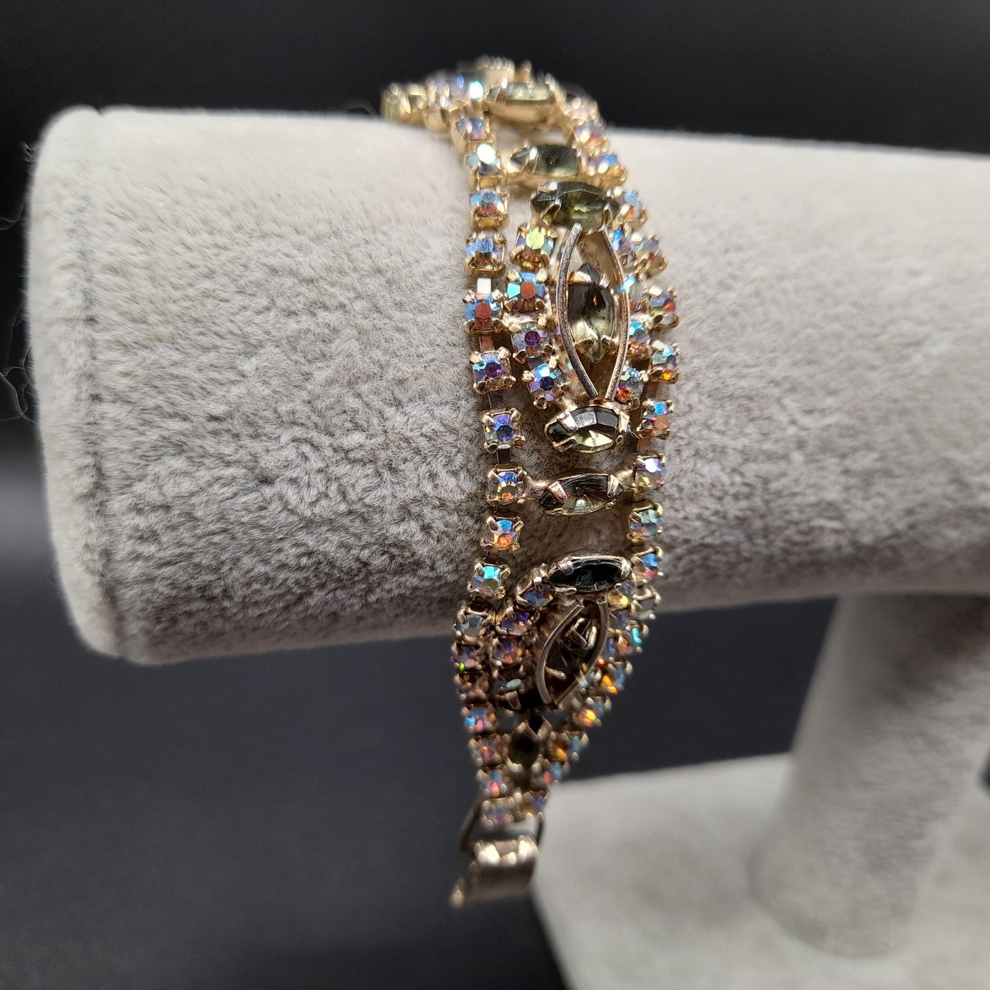 Green Aurora Borealis Rhinestone Bracelet, Mid-Century, 1950s Vintage Jewelry