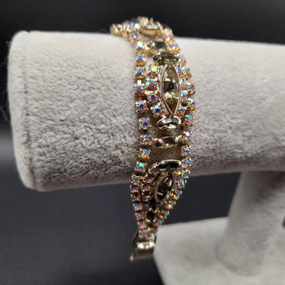 Green Aurora Borealis Rhinestone Bracelet, Mid-Century, 1950s Vintage Jewelry