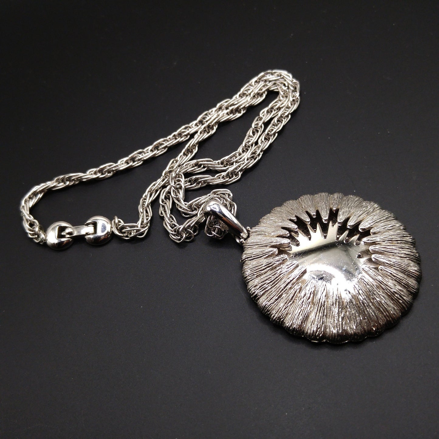 Monet Rhodium Plated Pendant Necklace, Fold Over Clasp, 1960s Vintage Jewelry