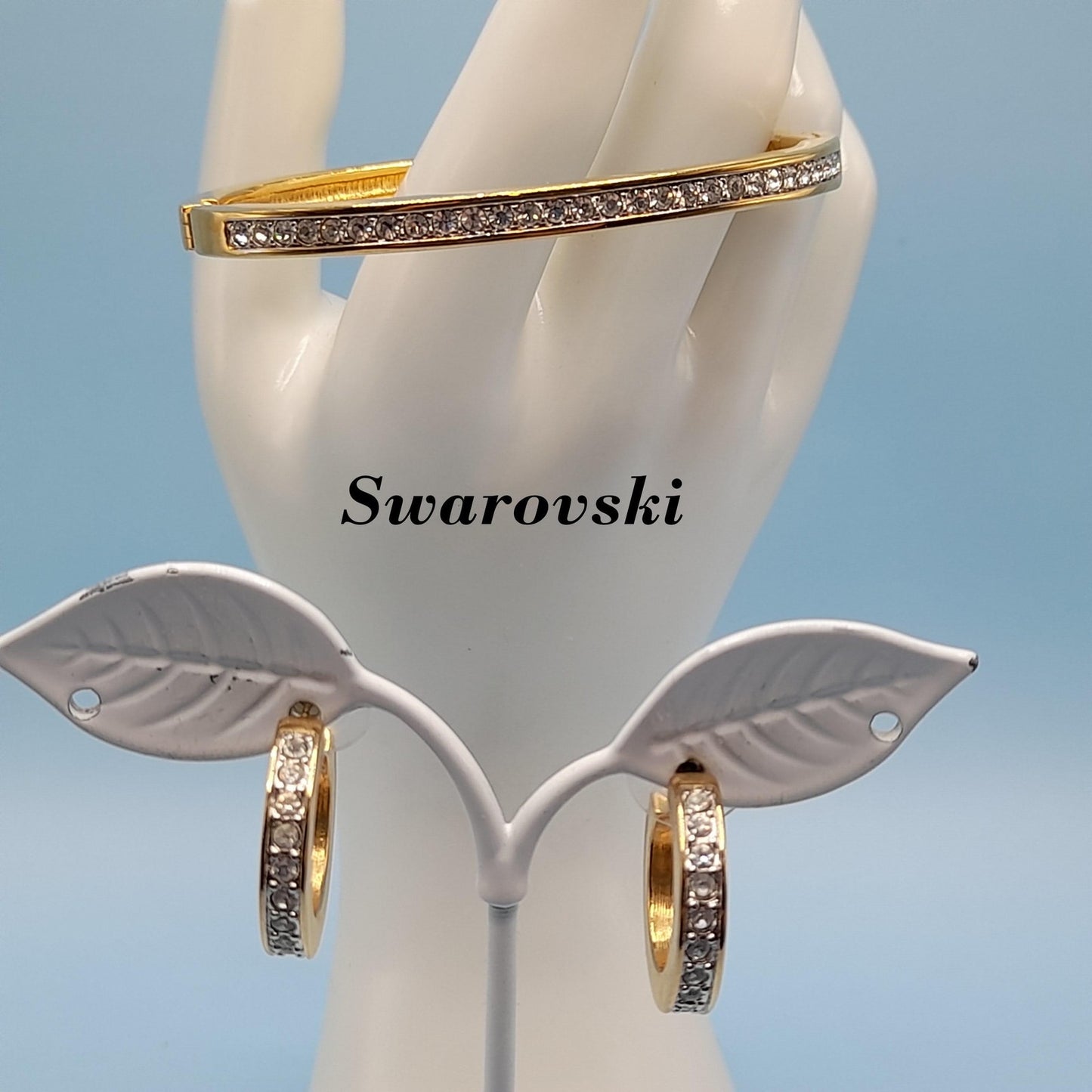 Vintage Swarovski Rhinestone Hinged Bracelet Hoop Post Earrings Set, Gold Plated, Swan Logo
