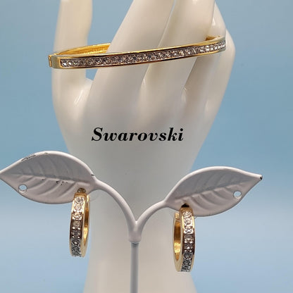Vintage Swarovski Rhinestone Hinged Bracelet Hoop Post Earrings Set, Gold Plated, Swan Logo