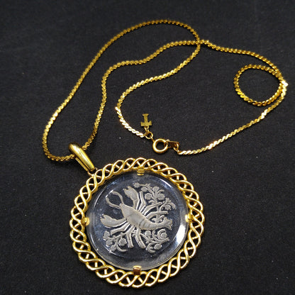Vintage Crown Trifari Zodiac "Cancer" Necklace, Glass Intaglio Crab, Gold Plated, 1960s Vintage Jewelry
