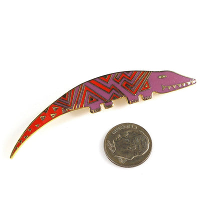 Laurel Burch "Aleucian Alligator" Brooch, Gold Plated Cloisonné Red Purple Enamel, 1980s Vintage Jewelry