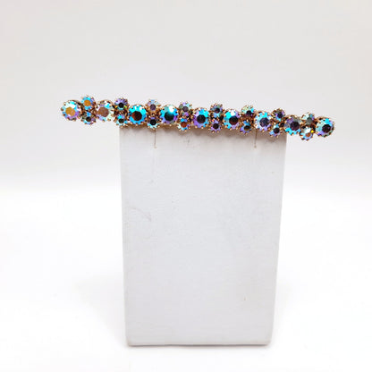 Vintage Aurora Borealis Rhinestone Bar Pin, Gold Plated Backing, Prong Set, 3 1/2 Inch