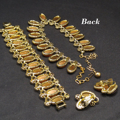 Pakula Topaz Lucite Moonglow Necklace Bracelet Earrings Set, 1950s Vintage Jewelry