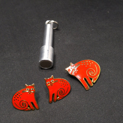 Laurel Burch "Keshire Cat" Red Enamel Brooch & Post Earrings, Gold Plated Cloisonne