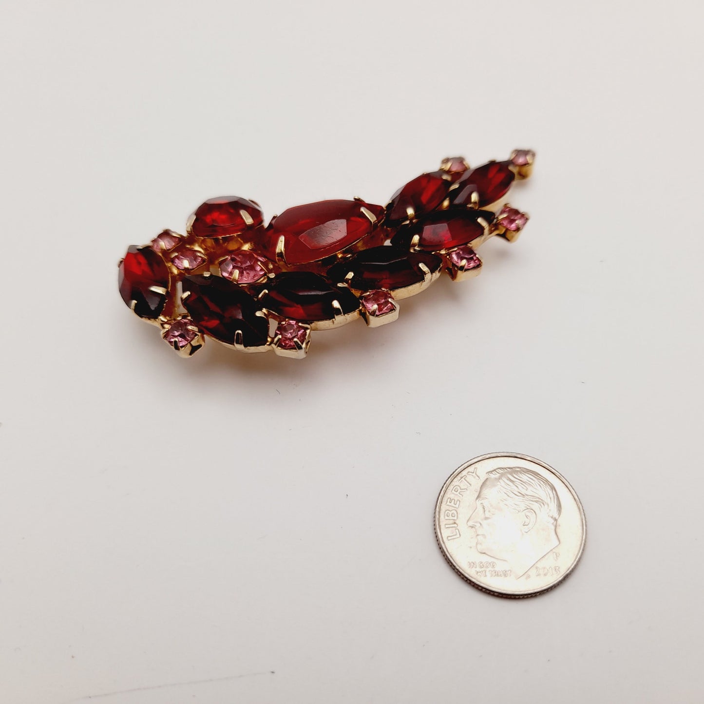 Vintage Red Pink Rhinestones Floral Spray Gold Plated Brooch Pin, 2 1/2 Inches