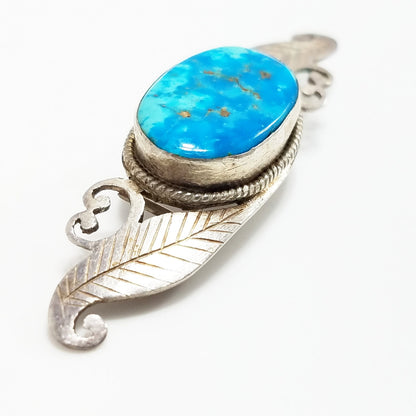 Sterling Silver Turquoise Gemstone Brooch, Bevel Set Stone, Artisan 1960s