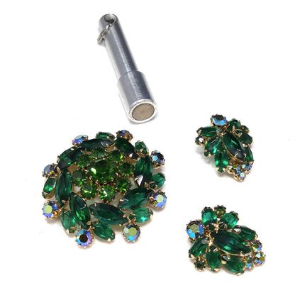 Vintage Weiss Emerald Green Brooch & Earrings, Aurora Borealis, Gold Plated