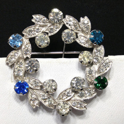 Eisenberg Rhinestone Wreath Brooch, Rhodium Plated, 1950s Vintage Jewelry