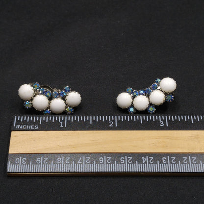 Weiss Aurora Borealis Blue Rhinestone Clip Earrings, White Milk Glass Cabochons, Ear Climbers, 1960s Vintage Jewelry