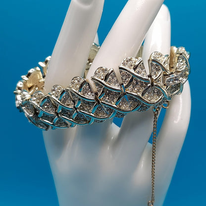 Vintage Kramer Bracelet Clip Earrings Set, Clear Rhinestones, Rhodium Plated, 1960s Jewelry