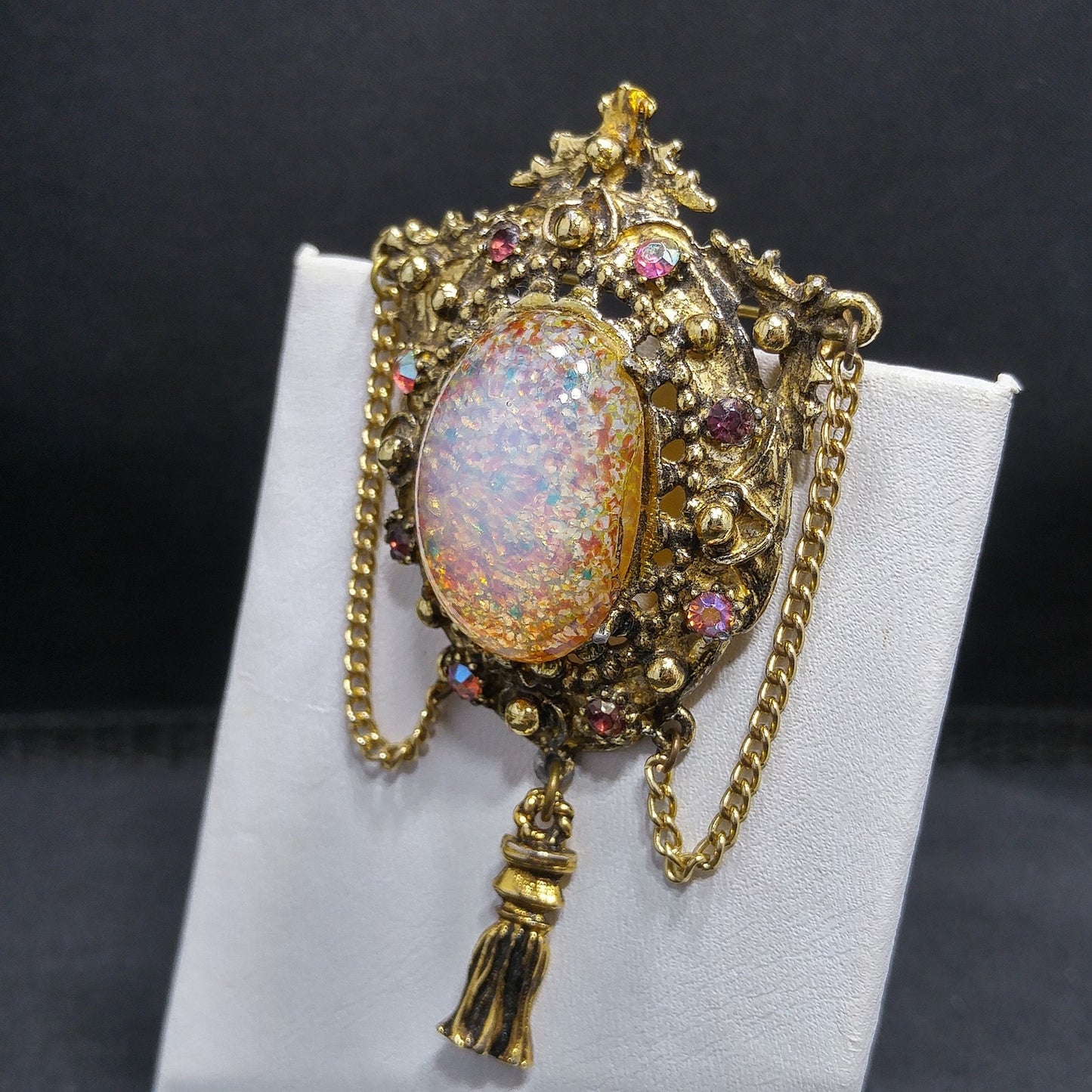 Vintage 1950s Hollywood Faux Opal Glitter Glass Brooch Tassel