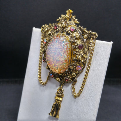Vintage 1950s Hollywood Faux Opal Glitter Glass Brooch Tassel