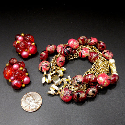 Kramer Red Thermoset Beaded Bracelet & Earrings, 22K Gold Plated Bracelet, 1940s Vintage Jewelry