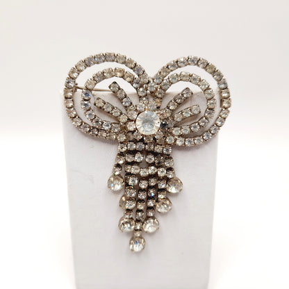 Vintage Clear Rhinestone Bow Brooch, Silver Tone Dangle Design, Midcentury Sparkle, 2 3/4 Inches