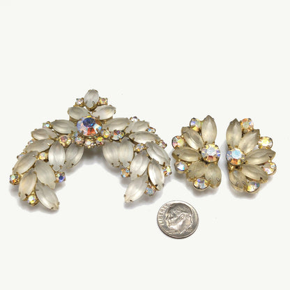 Frosty Rhinestone Brooch & Clip Earrings, Aurora Borealis, Gold Plated, 1960s Vintage Jewelry