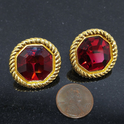 Vintage Swarovski Red Crystal Clip Earrings Gold Plated Rope Frame 1990s