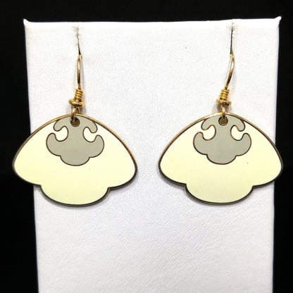 Vintage Laurel Burch Cream Scalloped Fan Earrings, Cream & Gray, Gold Plated