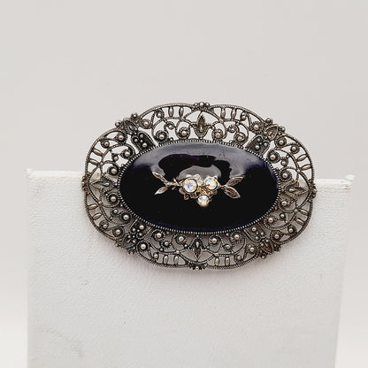 Vintage Catherine Popesco Art Deco Black Enamel AB Rhinestones Brooch