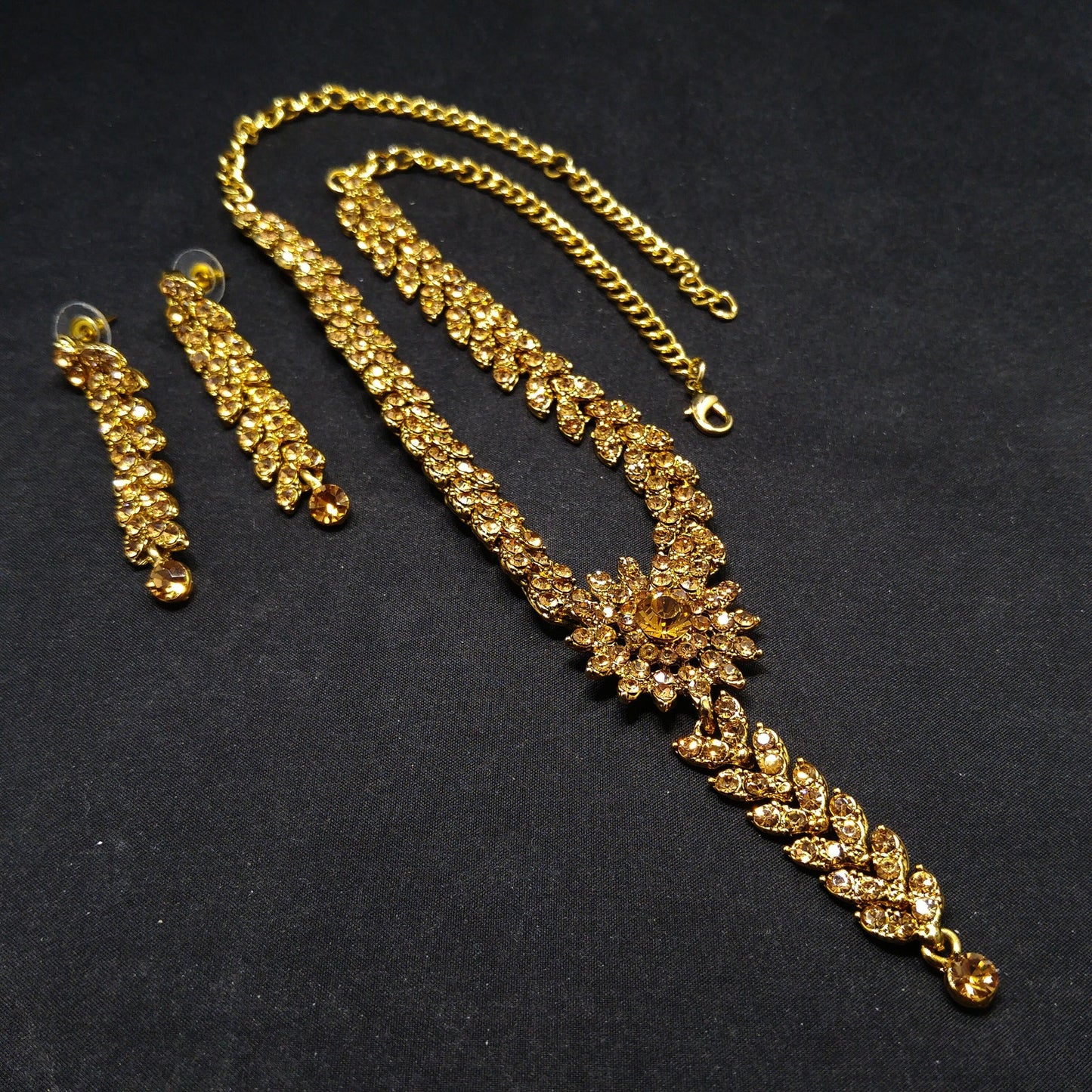 Light Topaz Rhinestone Necklace Post Earrings Set, Gold Plated, 1990s Vintage Jewelry